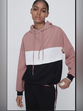 Zara Rose Pink, White & Black Colorblock Hooded Sweatshirt